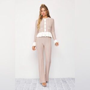 Rib Knit 2-Piece Pant Set with Ruffle Trim in Tan and Cream, size Medium, NWT